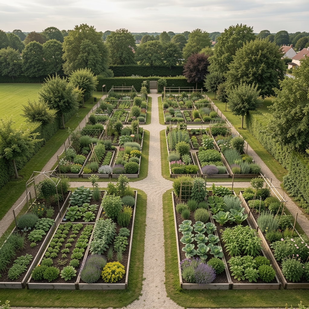 Luftaufnahme einer gepflegten Kleingarten- und Gemüsegartenanlage in Deutschland, symmetrische Parzellen, ruhige Atmosphäre, dokumentarischer Stil