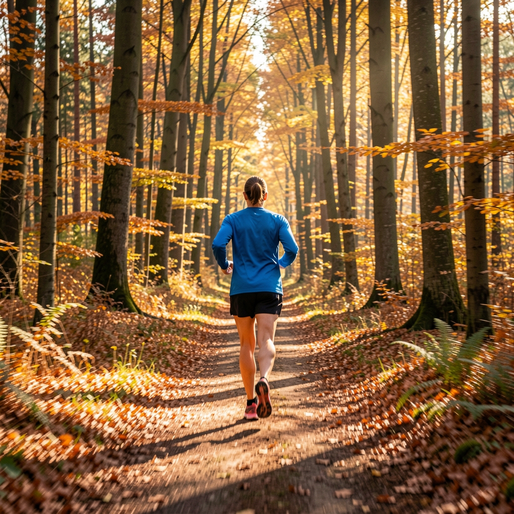 Läufer von hinten auf einem Waldweg in Deutschland, Herbstlicht durch Bäume, keine Gesichtserkennung, Bewegungsunschärfe, dokumentarischer Stil