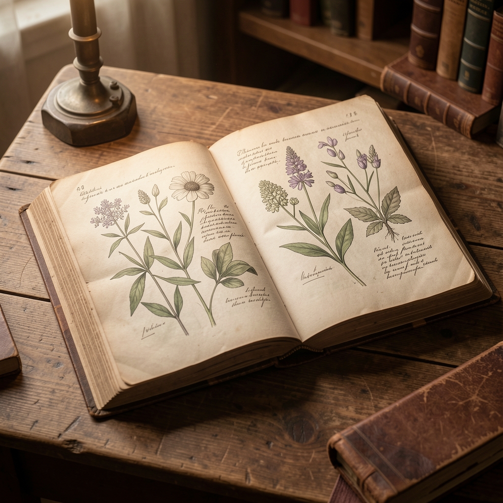 Altes wissenschaftliches Buch mit handgeschriebenen botanischen Zeichnungen von Pflanzen, aufgeschlagen auf einem Holztisch, Archivlicht, historische Ästhetik