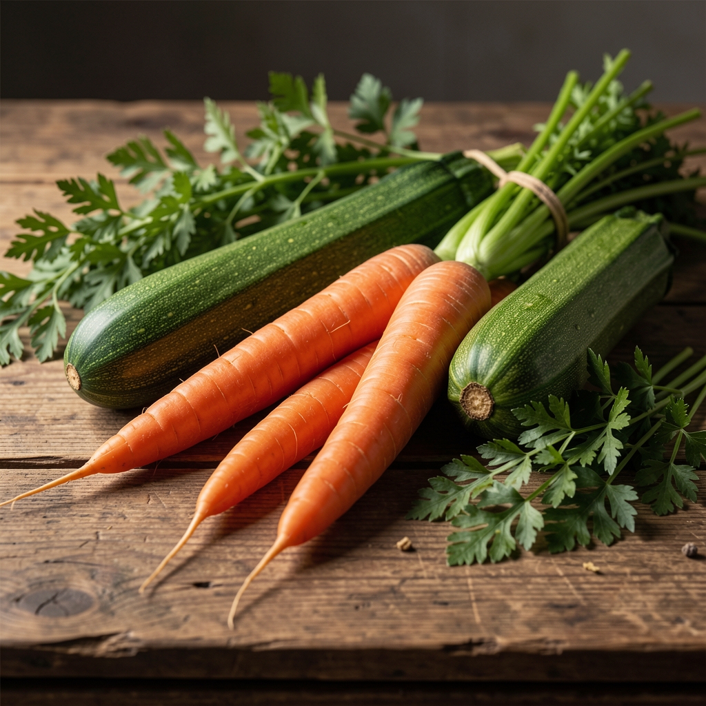Nahaufnahme von frisch geerntetem Gemüse auf einem Holztisch: Karotten, Zucchini und Kräuter mit tiefen Schatten und strukturierter Oberfläche, Stillleben-Stil